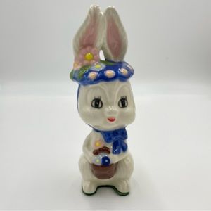 Vintage Bunny Glazed Ceramic Rabbit Easter Basket Flowers Bow Home Decor Holiday